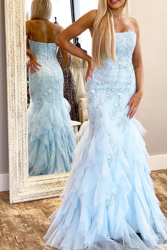 Strapless Mermaid Long Prom Dresses with Applique and Beading 8th Graduation Dress School Dance Winter Formal Dress PDP0532