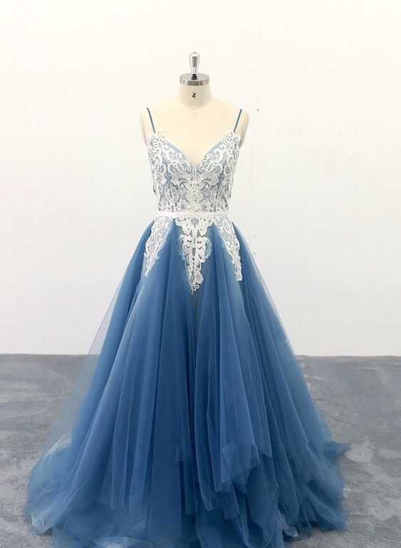 V-neck Tulle Long Prom Dress with Applique,Fashion Dance Dress,Sweet 16 Dress PDP0217
