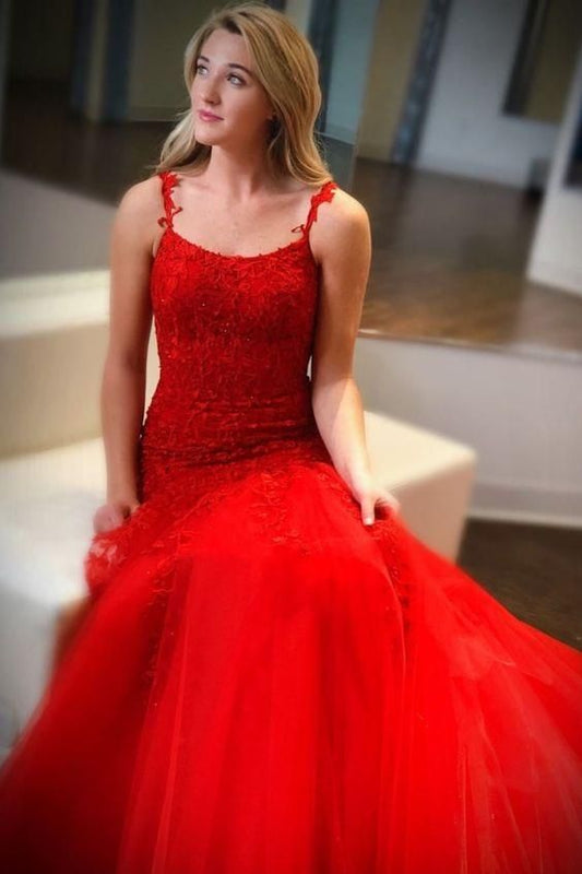 Red Mermaid Tulle Long Prom Dresses with Appliques And Beading,Evening Dresses, BP501