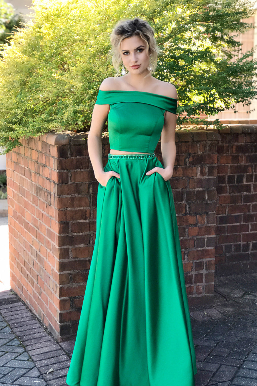 Two Piece Off Shoulder Green Long Prom Dress with Pockets,Custom Pageant Dresses,BP227