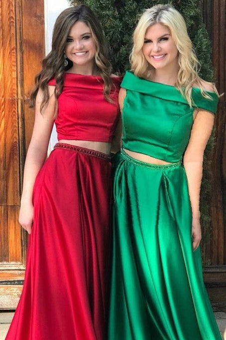 Two Piece Off Shoulder Green Long Prom Dress with Pockets,Custom Pageant Dresses,BP227