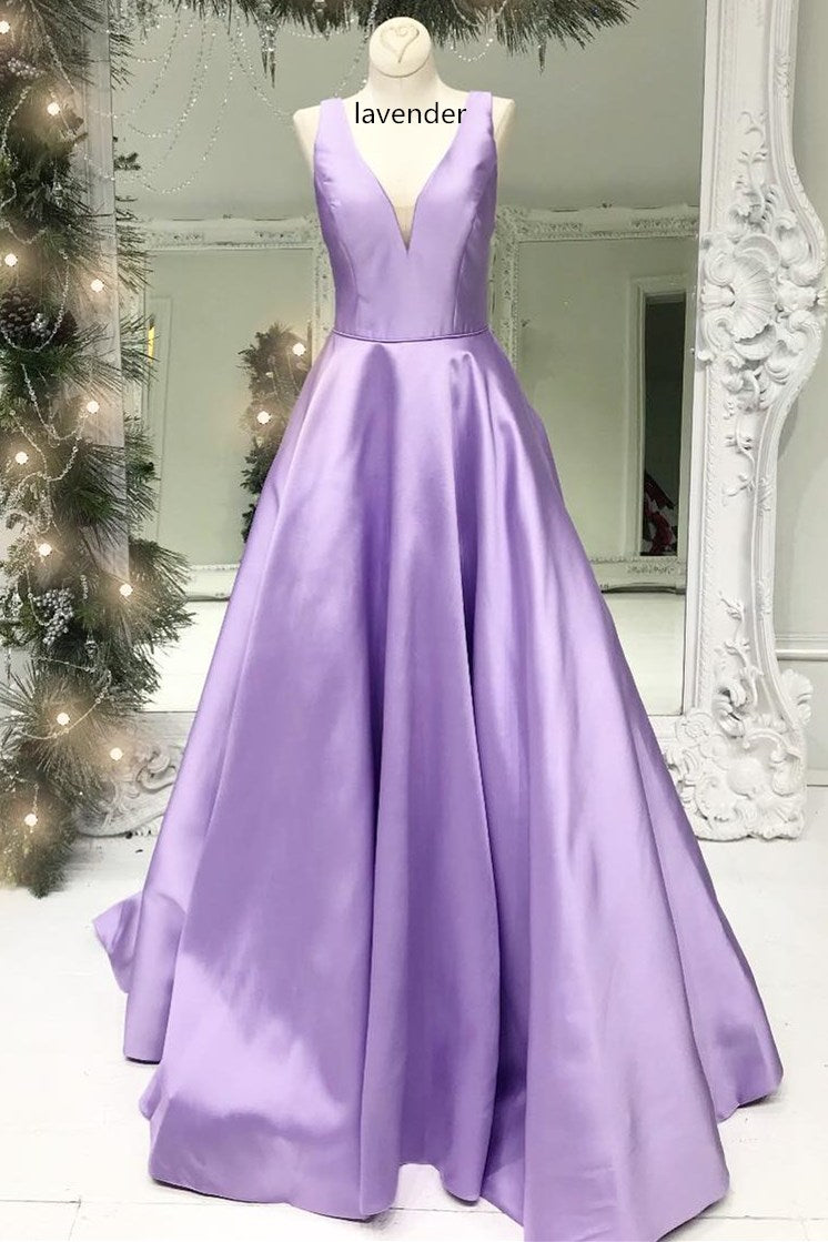 V-neck Satin Ball Gown Long Prom Dresses PPS065
