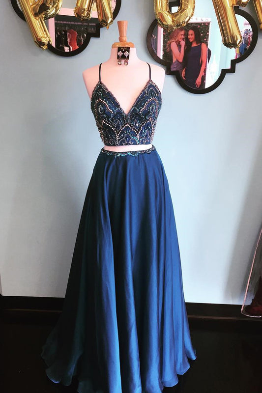 V-neck Two Pieces A-line Long Prom Dresses with Beading PPS066