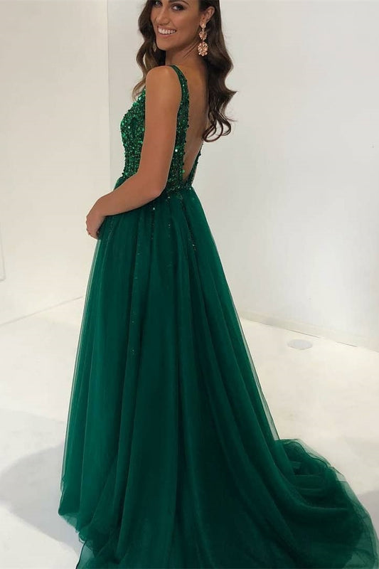 V-neck Open Back Sexy Tulle Long Prom Dresses with Beading PPS080