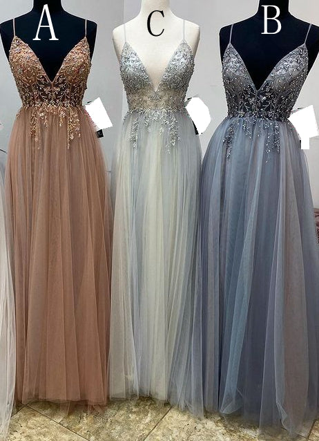 Sexy Tulle Long Prom Dresses with Beading,Evening Dresses,Winter Formal Dresses,BP599