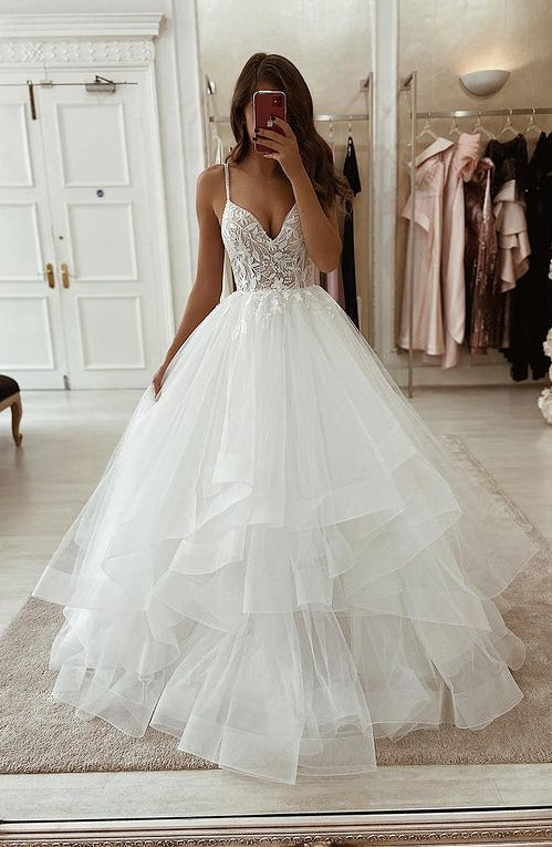V-neck Tulle Wedding Dresses with Appliques,PDW115