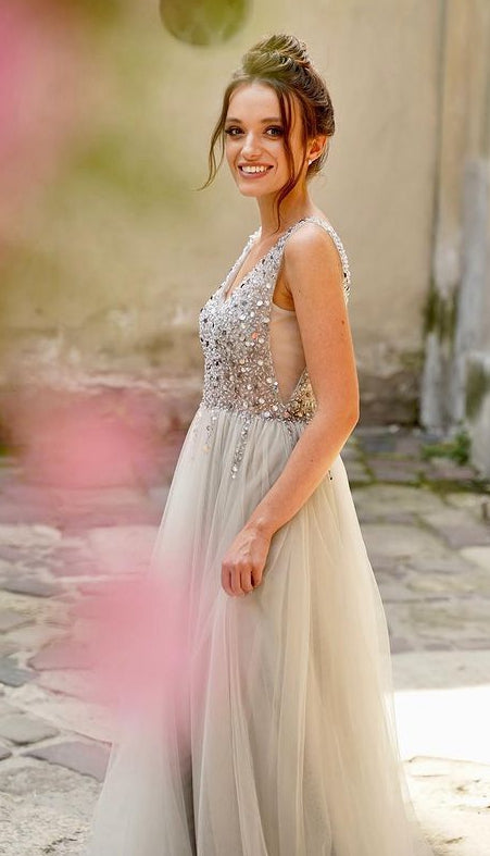 V-neck Tulle Long Prom Dress with Beading,Popular Evening Dress,Fashion Winter Formal Dress,BP123