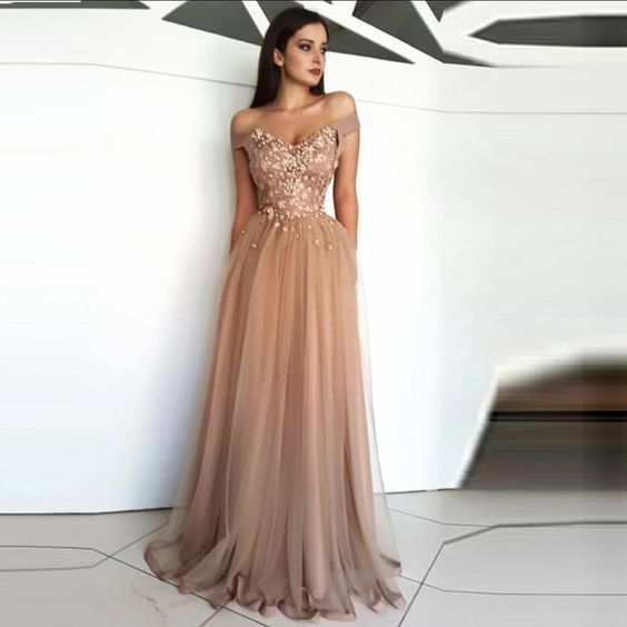 Off Shoulder A-line Long Prom Dress With Applique and Beading, Sweet 16 Dance Dress ,Fashion Winter Formal Dress PDP0005
