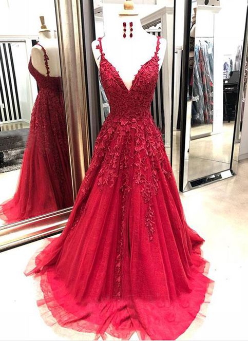 V-neck A-line Long Prom Dresses with Appliques and Beading Fashion Formal Dress BP004