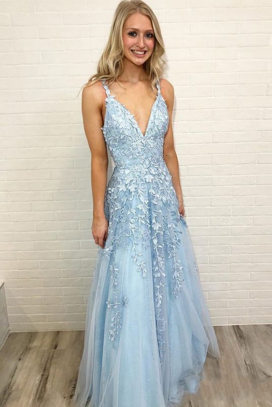 V-neck A-line Long Prom Dresses with Appliques and Beading Fashion Formal Dress BP004