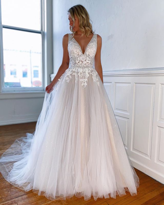Sexy Sparkly Tulle A-line Wedding Dresses with Appliques and Beading,Custom Made Bridal Dresses,PDW128