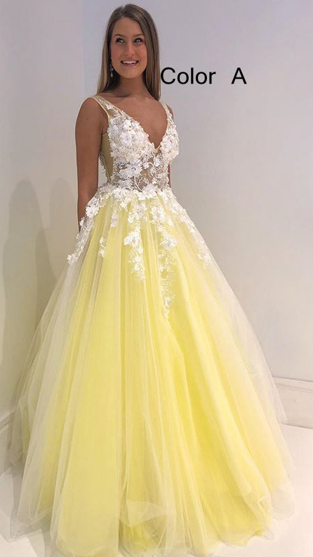 V-neck Ball Gown Long Prom Dresses with Appliques and Beading Fashion Formal Dress BP010