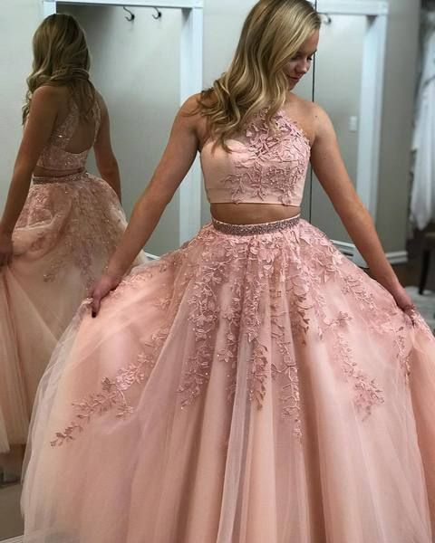 Two Pieces Long Prom Dresses with Applique and Beading 8th Graduation Dress School Dance Winter Formal Dress PDP0489