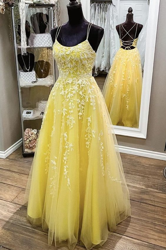 Spaghetti Straps Tulle Long Prom Dresses with Appliques and Beading,Formal Dresses,BP270