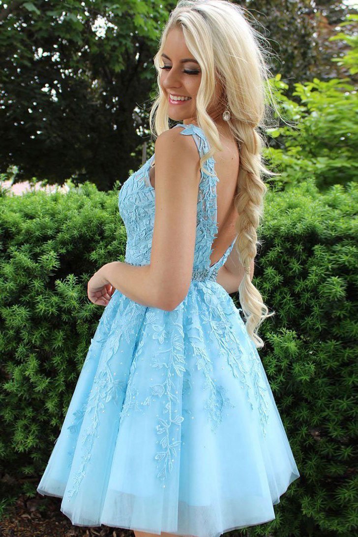V-neck Tulle Short Prom Dresses with Appliques and Beading,Homecoming Dresses,Dance Dress BP338