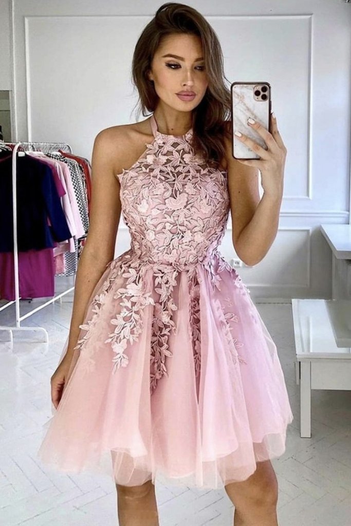 Cute Pink Lace Short Prom Homecoming Dress,Pink Lace Formal Dress,Pink Evening Dress,BP188