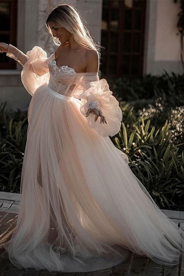 Chic Elegant Backless Beach Wedding Dresses With Sleeves ,Romantic Bridal Dress,PDW109