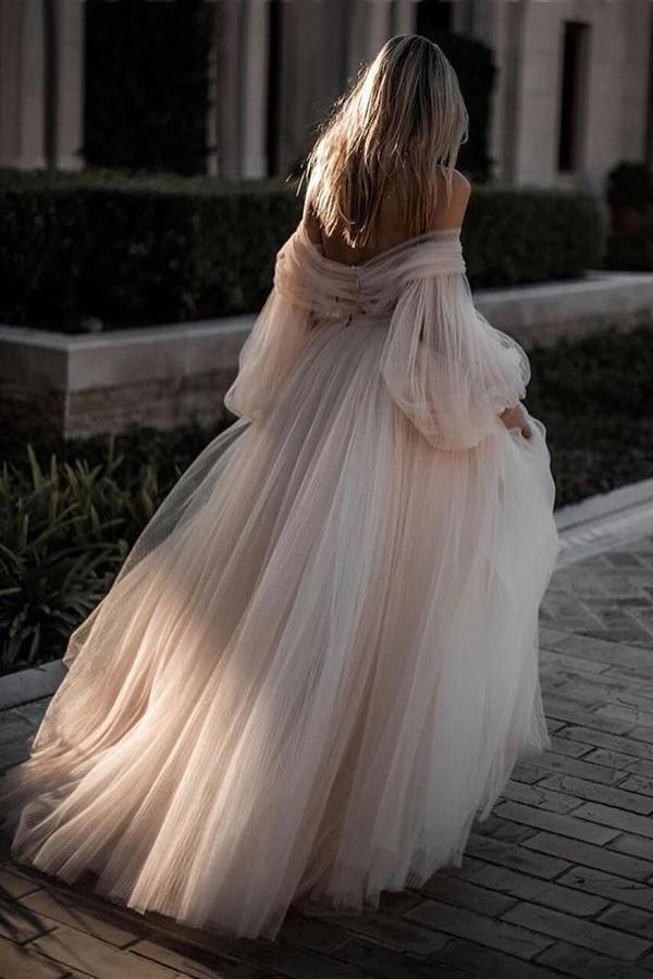 Chic Elegant Backless Beach Wedding Dresses With Sleeves ,Romantic Bridal Dress,PDW109