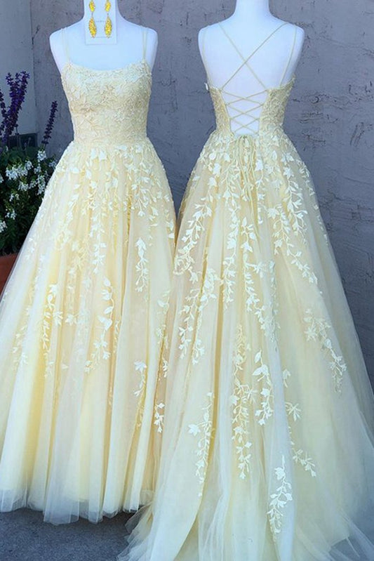 Yellow Tulle Long Prom Dresses with Applique and Beading PDP0462