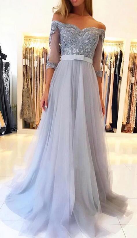 Off Shoulder Long Prom Dress with Applique and Beading, Popular School Dance Dress ,Fashion Wedding Party Dress PDP0081