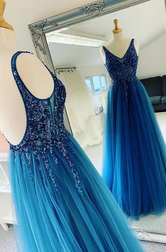 Open Back Long Prom Dress with Beading, Popular School Dance Dress ,Fashion Wedding Party Dress PDP0083
