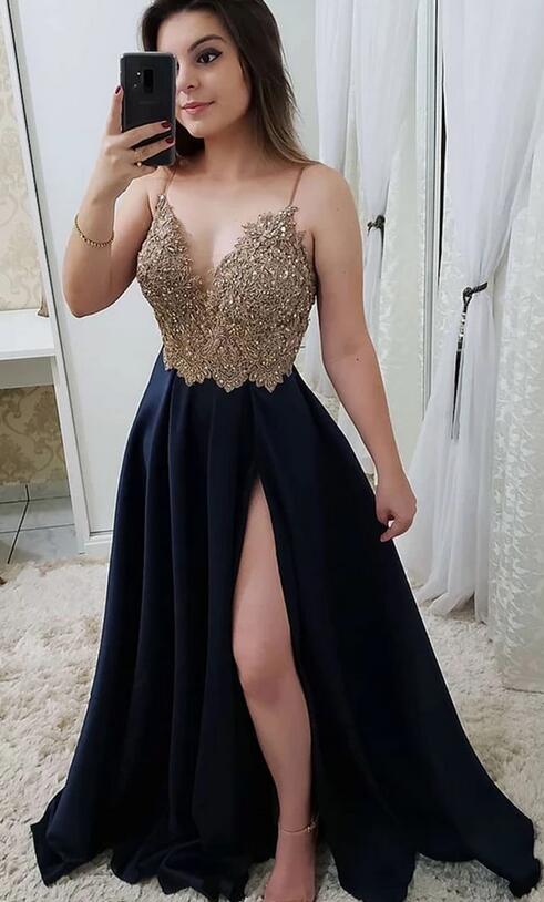 V-neck Long Prom Dress with Applique and Beading, Popular School Dance Dress ,Fashion Wedding Party Dress PDP0082