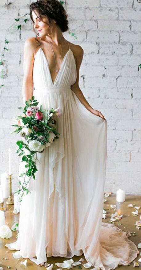 Deep V-Neck A-Line Backless Chiffon Beach Wedding Dress with Sweep Train ,Fashion Custom made Bridal Dress PDW006
