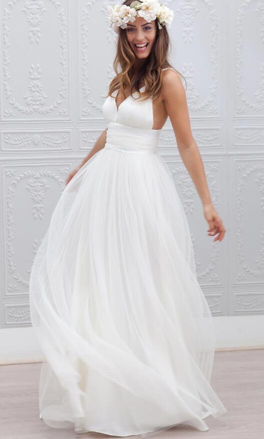 Simple V-neck Floor-Length Open Back Beach Wedding Dress ,Fashion Custom made Bridal Dress PDW005