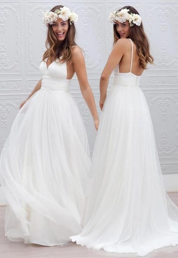 Simple V-neck Floor-Length Open Back Beach Wedding Dress ,Fashion Custom made Bridal Dress PDW005