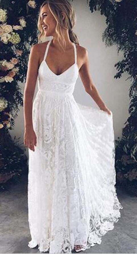 A-Line Backless Lace Beach Wedding Dress with Court Train ,Fashion Custom made Bridal Dress PDW008