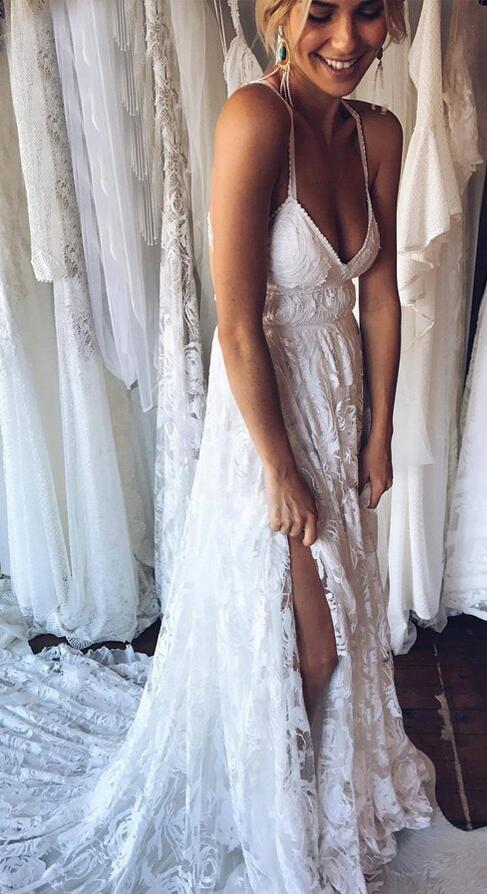 A-Line Backless Lace Beach Wedding Dress with Court Train ,Fashion Custom made Bridal Dress PDW008