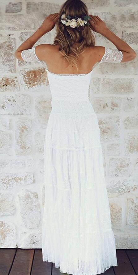 Off Shoulder Lace Boho Beach Wedding Dress with Short Sleeves ,Fashion Custom made Bridal Dress PDW009