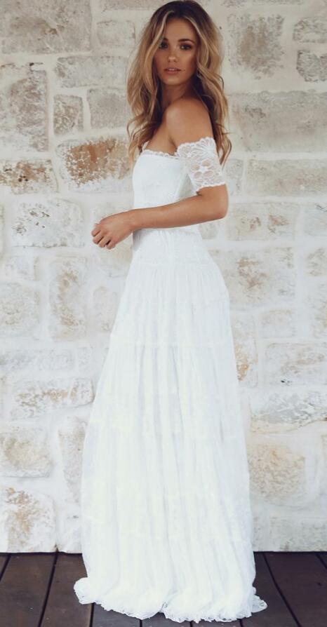 Off Shoulder Lace Boho Beach Wedding Dress with Short Sleeves ,Fashion Custom made Bridal Dress PDW009