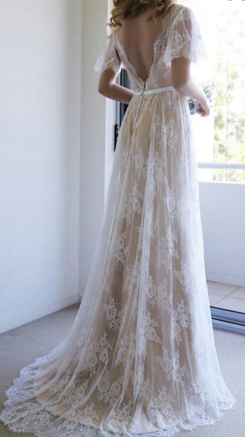 A-Line V-Neck Lace Beach Wedding Dress ,Fashion Custom made Bridal Dress PDW010