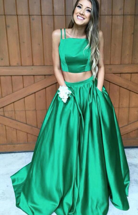 Two Pieces Square Neck Long Prom Dress with Pocket, Popular Winter Formal Dress ,Fashion Wedding Party Dress PDP0102