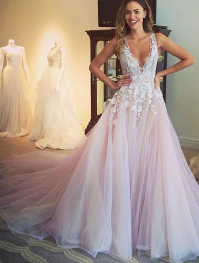 V-neck Long Prom Dress with Appliques, Popular Winter Formal Dress ,Fashion Wedding Party Dress PDP0103