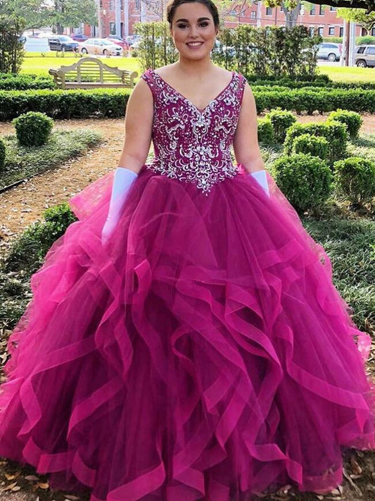 V-neck Ball Gown Asymmetry Fuchsia Tulle Quinceanera Dress with Beading,Ball Gown Long Prom Dress,Sweet 16 Ball Gown Dress PDP0109