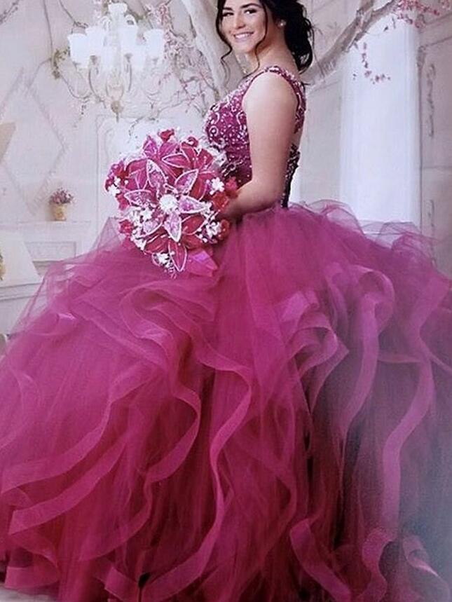 V-neck Ball Gown Asymmetry Fuchsia Tulle Quinceanera Dress with Beading,Ball Gown Long Prom Dress,Sweet 16 Ball Gown Dress PDP0109