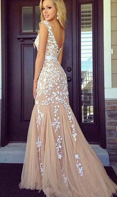 Mermaid Tulle Long Prom Dress with Appliques, Popular Evening Dress ,Fashion Wedding Party Dress PDP0113