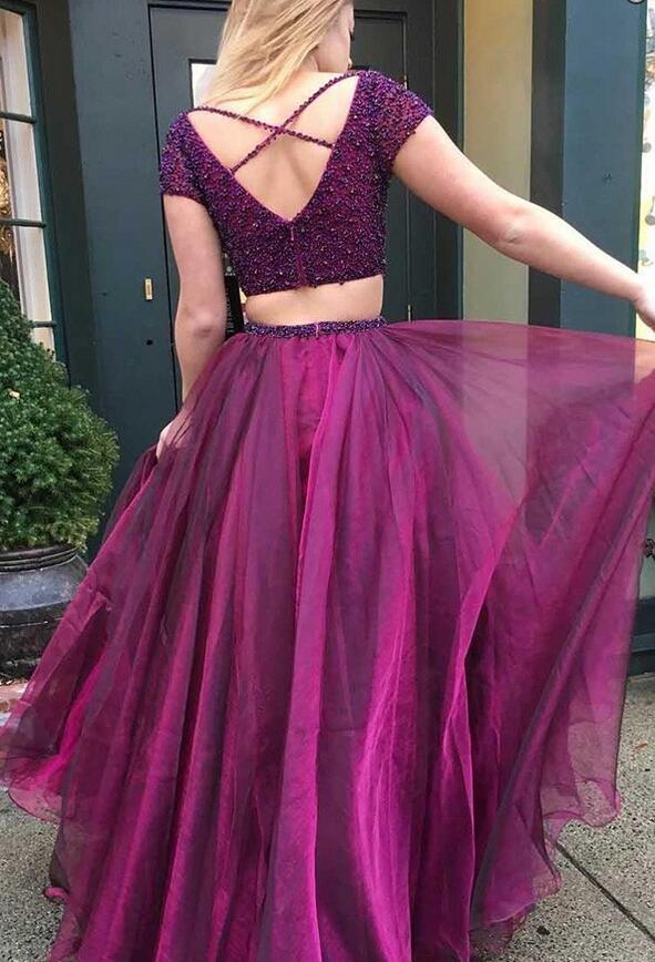 V-neck Two Pieces Long Prom Dress with Beading Fashion Wedding Party Dress PDP0122
