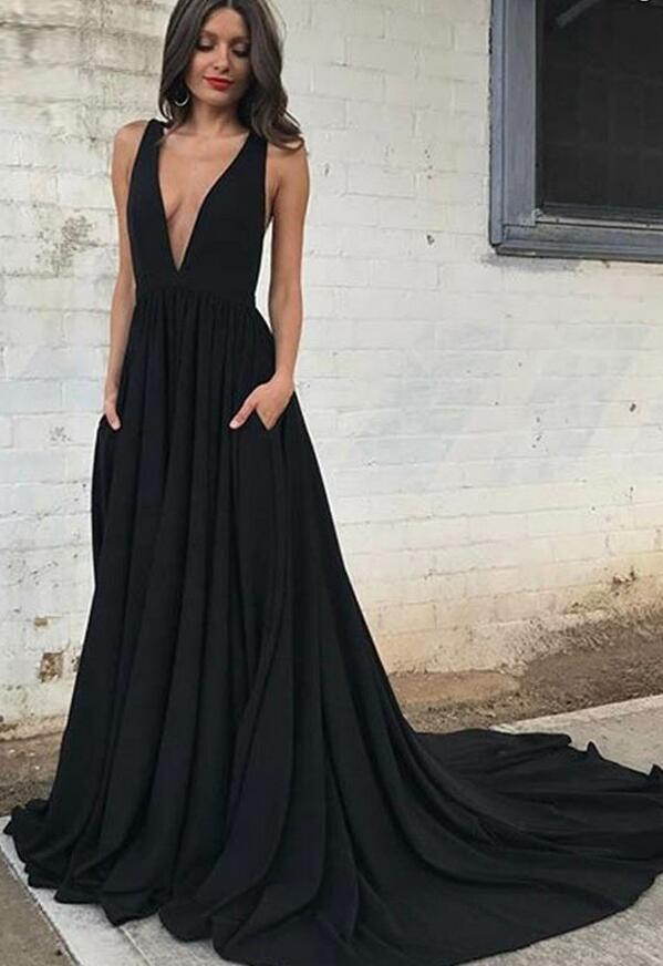 Deep V-neck Black Long Prom Dress with Train Fashion Wedding Party Dress PDP0124