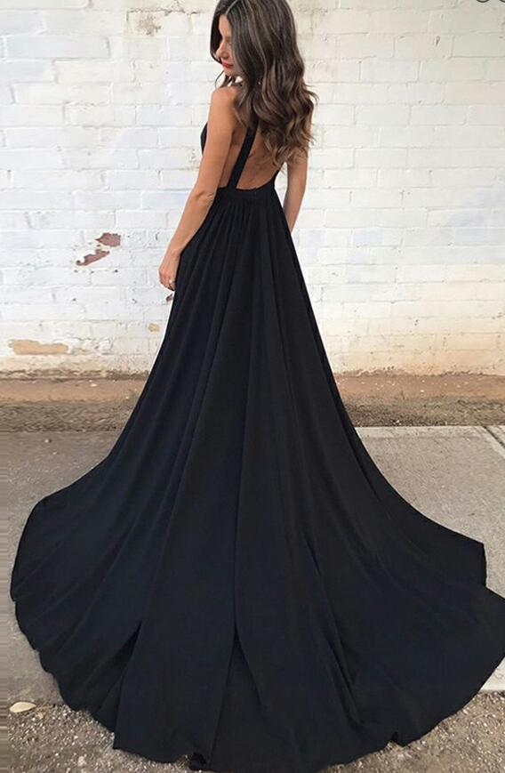 Deep V-neck Black Long Prom Dress with Train Fashion Wedding Party Dress PDP0124