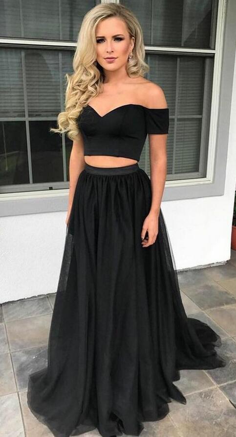 Two Pieces Black Long Prom Dress Off Shoulder,Fashion Wedding Party Dress PDP0125