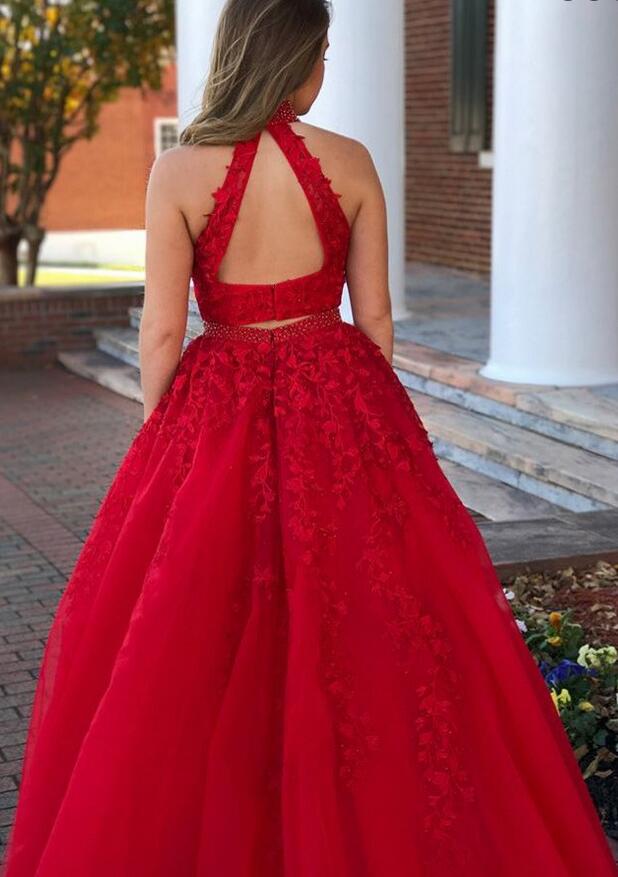 Two Pieces High Neck Long Prom Dress with Applique and Beading,Fashion School Dance Dress PDP0146
