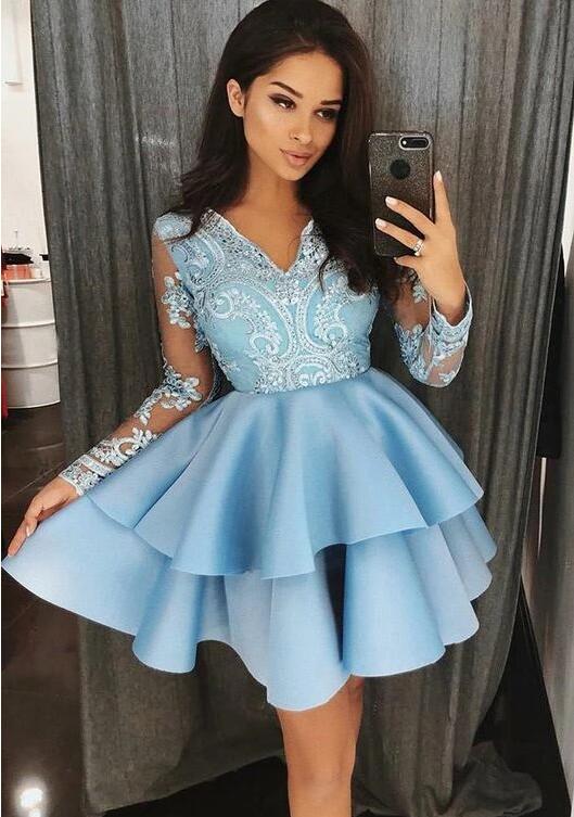 V-neck Homecoming Dress With Applique and Beading, Popular Short Prom Dress ,Fashion Dancel Dress PDH0015