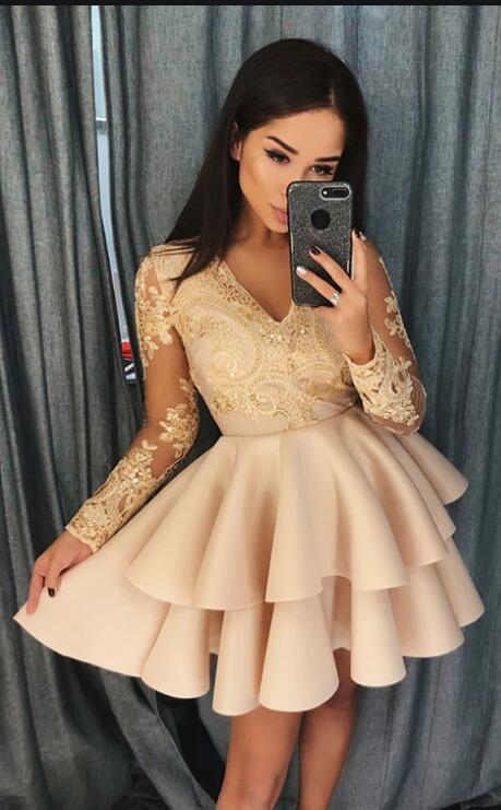 Long Sleeves Homecoming Dress With Applique and Beading, Popular Short Prom Dress ,Fashion Dancel Dress PDH0018
