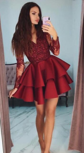 Long Sleeves Homecoming Dress With Applique and Beading, Popular Short Prom Dress ,Fashion Dancel Dress PDH0019