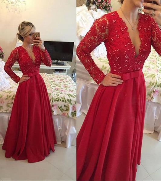 Deep V-neck A-line Long Prom Dress with Sleeves,Fashion Dance Dress,Sweet 16 Quinceanera Dress PDP0266