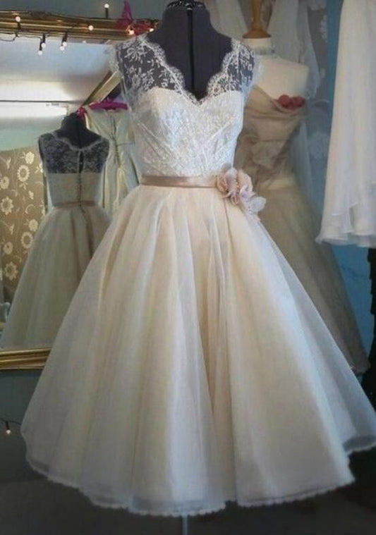 Vintage A-line Lace Tea-length Wedding Dress ,Fashion Custom made Reception Bridal Dress PDW011