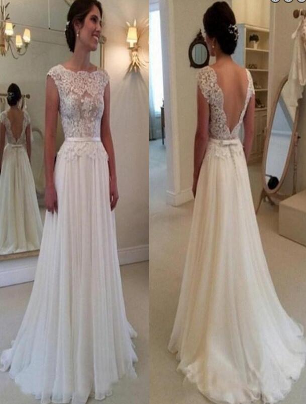 Elegant Backless Long Chiffon Wedding Dress with Lace Top Sash ,Fashion Custom made Bridal Dress PDW014